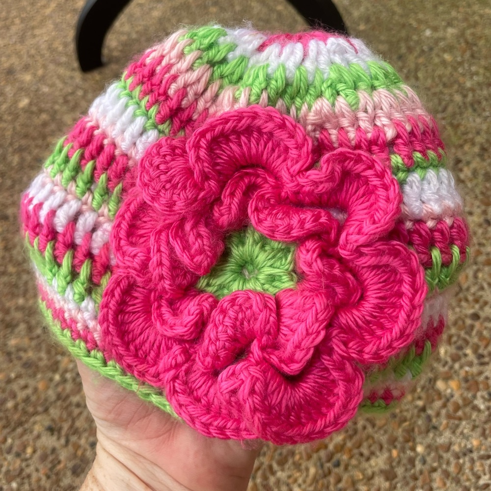 Kids knitted hat - big pink flower. Pink/ green /white.